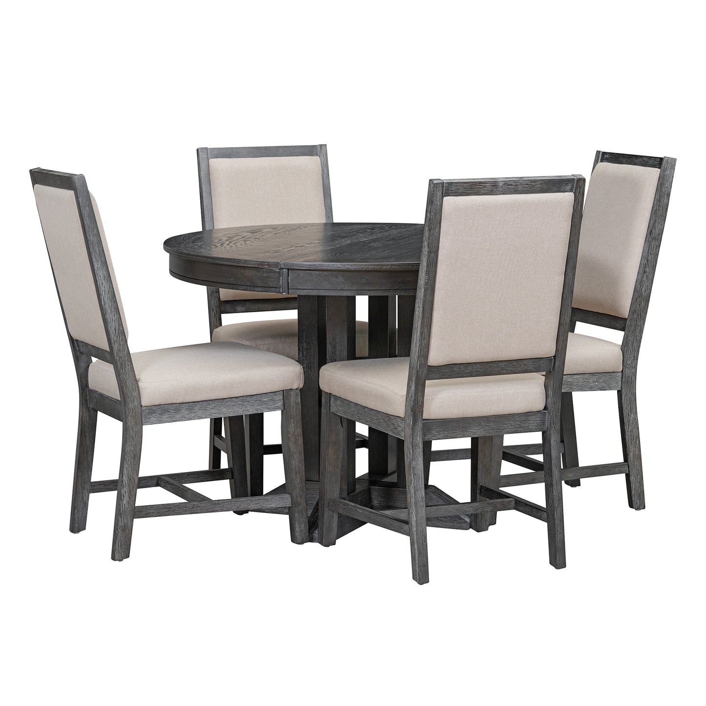5-Piece Dining Set Extendable Round Table and 4 Upholstered Chairs Farmhouse (Black)