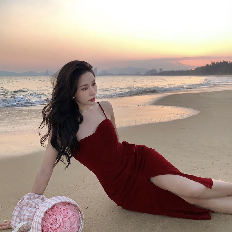 Red Velvet Slit Dress