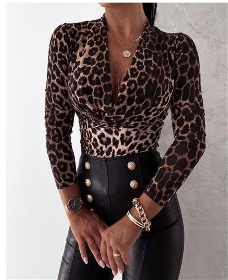 Long Sleeve V-neck Leopard/Tiger Print Ladies Blouse Top
