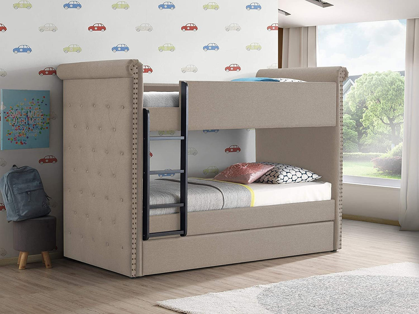 Beige Tufted Twin/Twin Bunk Bed & Trundle