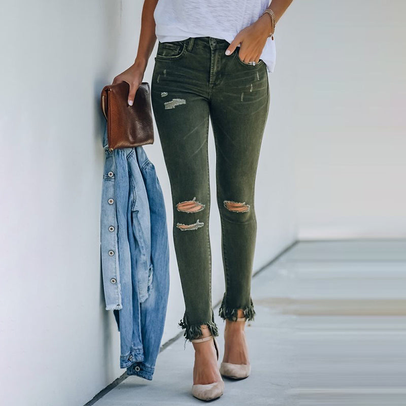 Women's Dark Green Raw Design Ripped Jeans