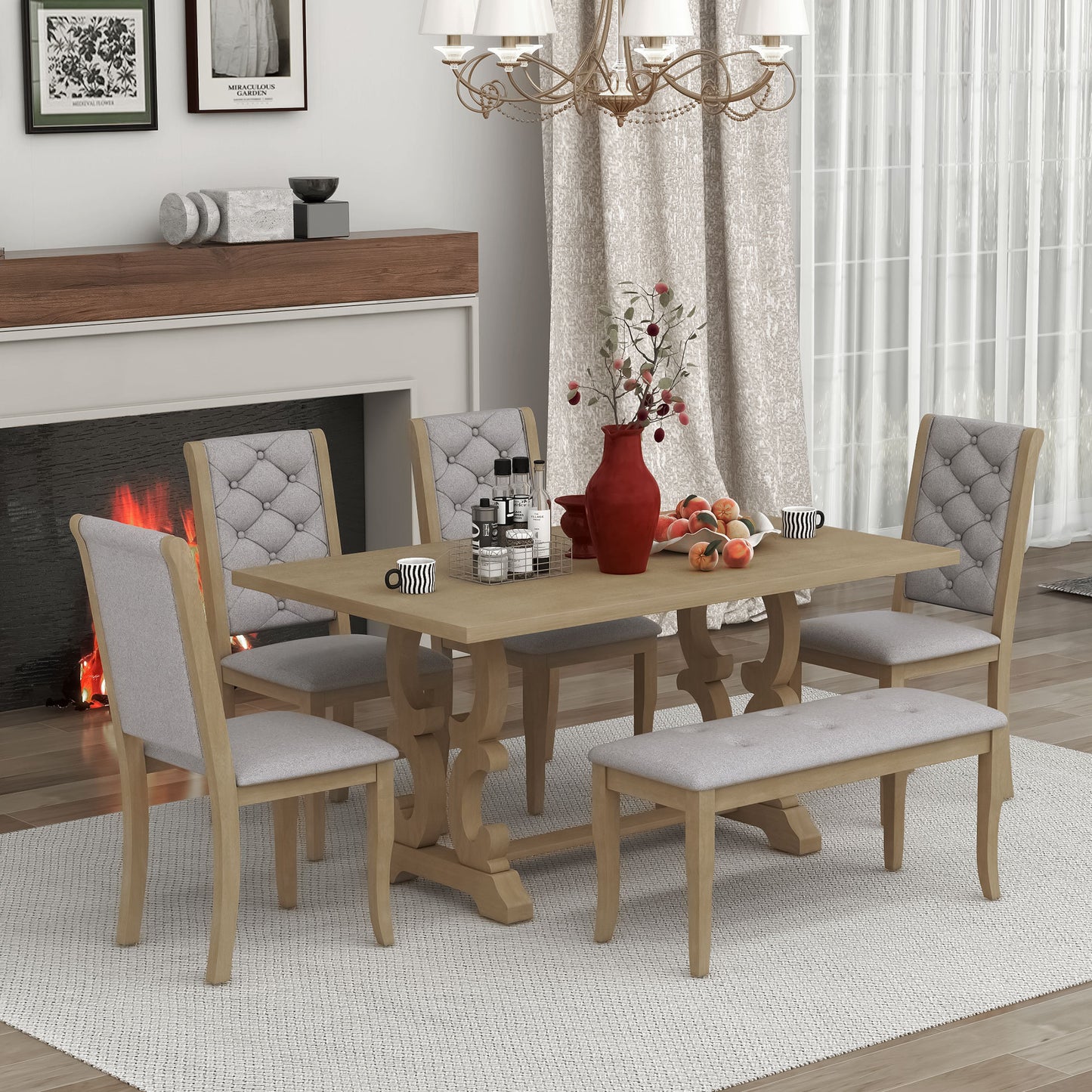 6-Piece Retro Dining Set with Unique Scroll Table Legs and Upholstered Seats  (Grey Wash)