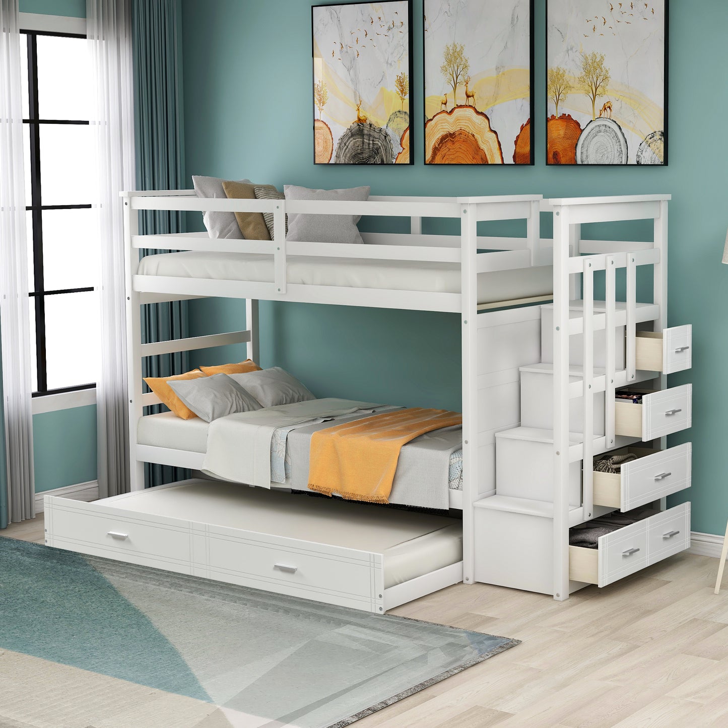 Solid Wood Twin Over Twin Bunk Bed with Trundle, Storage, and Staircase