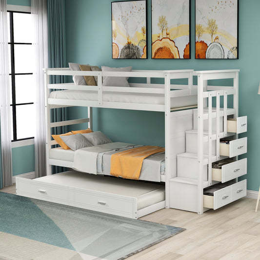 Litera doble sobre dos camas de madera maciza con cama nido, almacenamiento y escalera