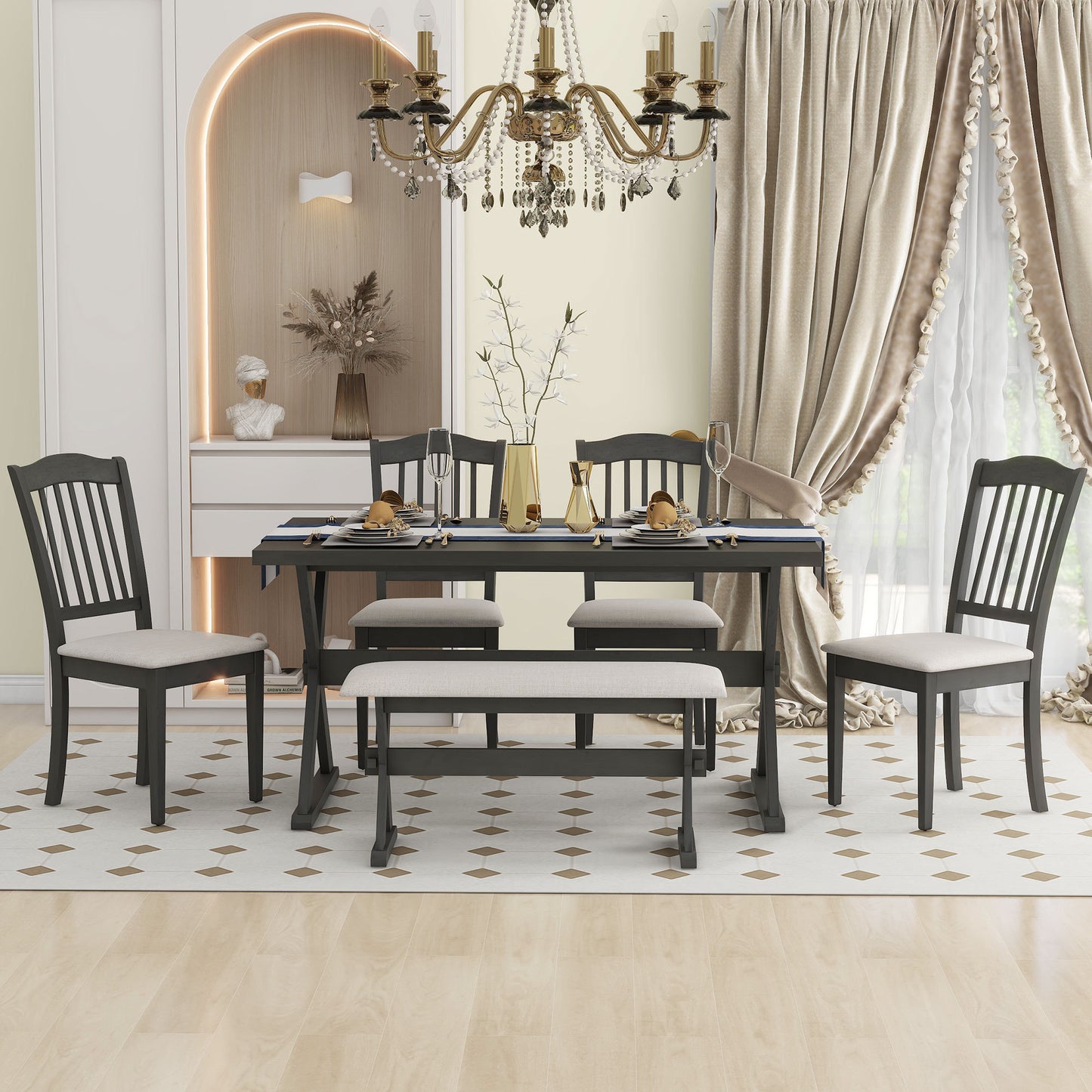 6-teiliges rustikales Esszimmerset, rechteckiger Tisch mit X-Gestell und 4 gepolsterte Stühle und Bank (Grau)