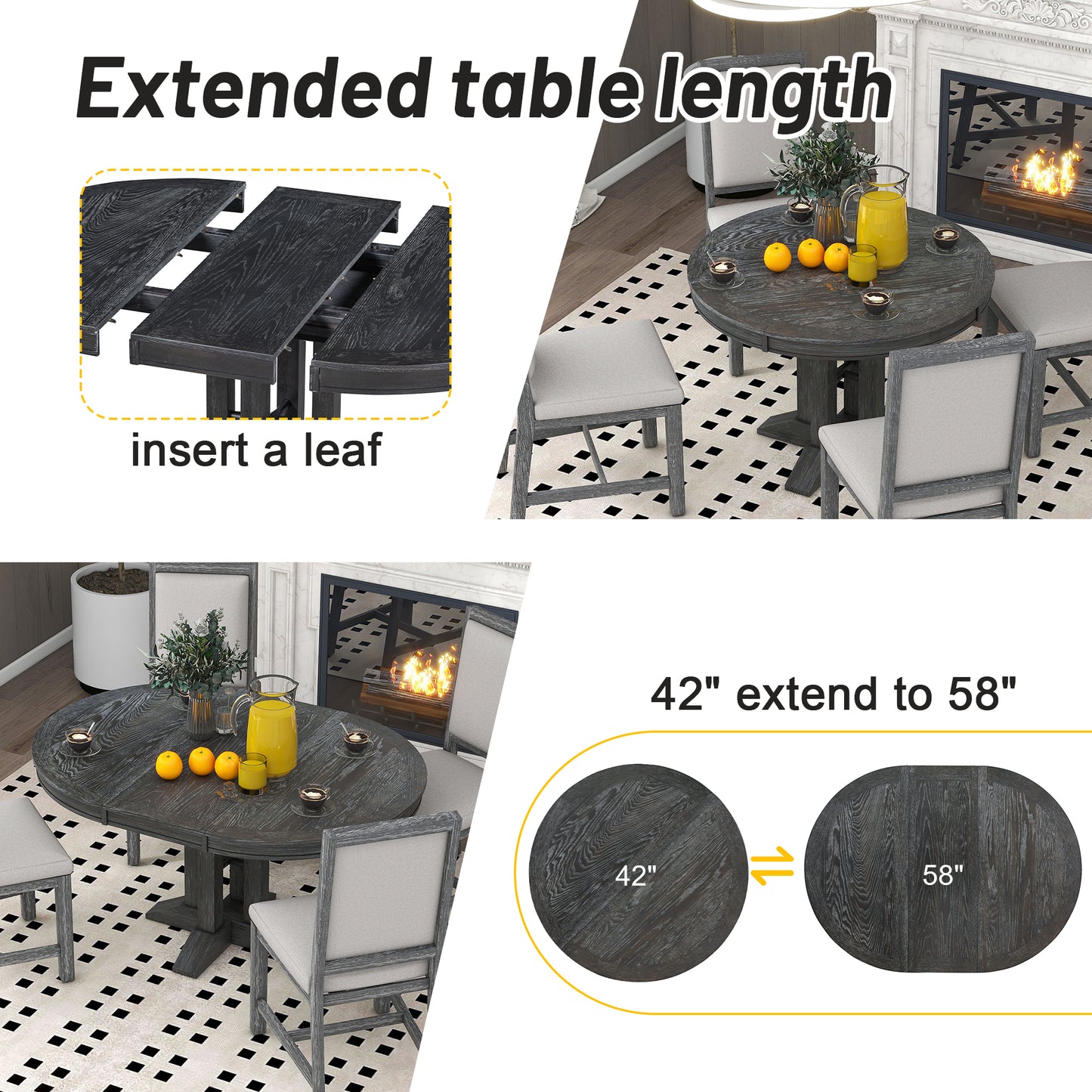 5-teiliges Esszimmer-Set, ausziehbarer runder Tisch und 4 gepolsterte Stühle, Bauernhaus (Schwarz)