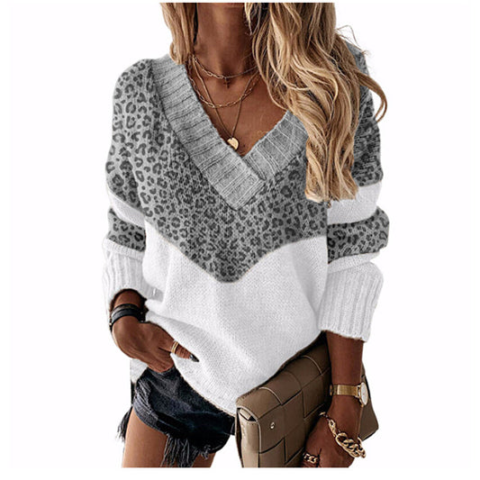 V-Neck Leopard Print Color Block Sweater