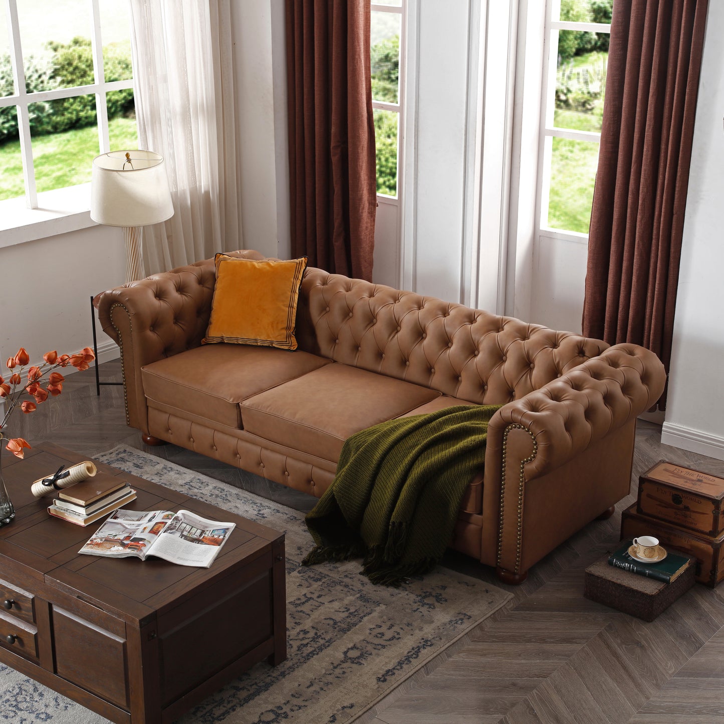 Braunes getuftetes Sofa aus veganem Leder