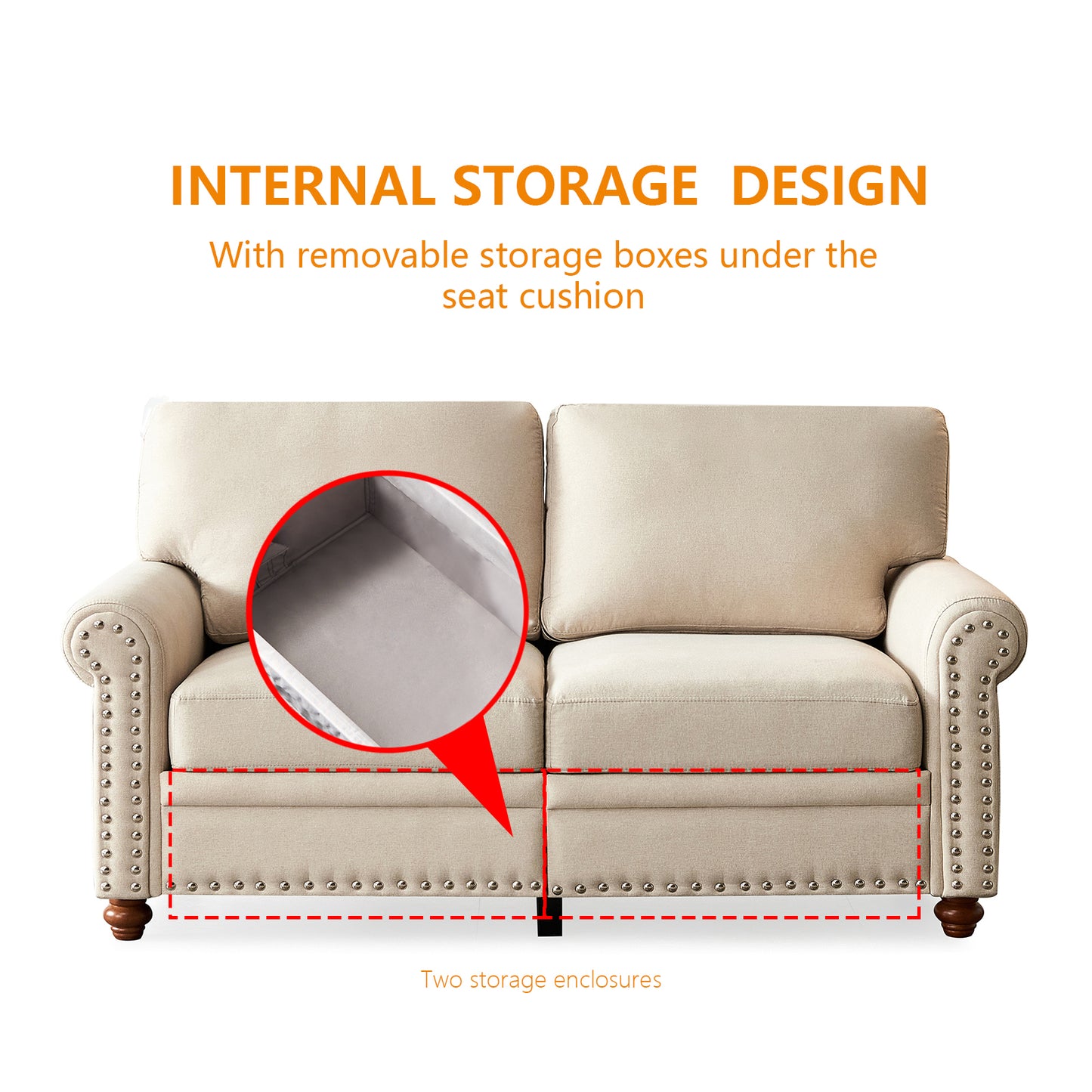 Sofa mit Leinenstoffpolsterung und verstecktem Stauraum, 2+3-Sitzer-Kombination (Beige)