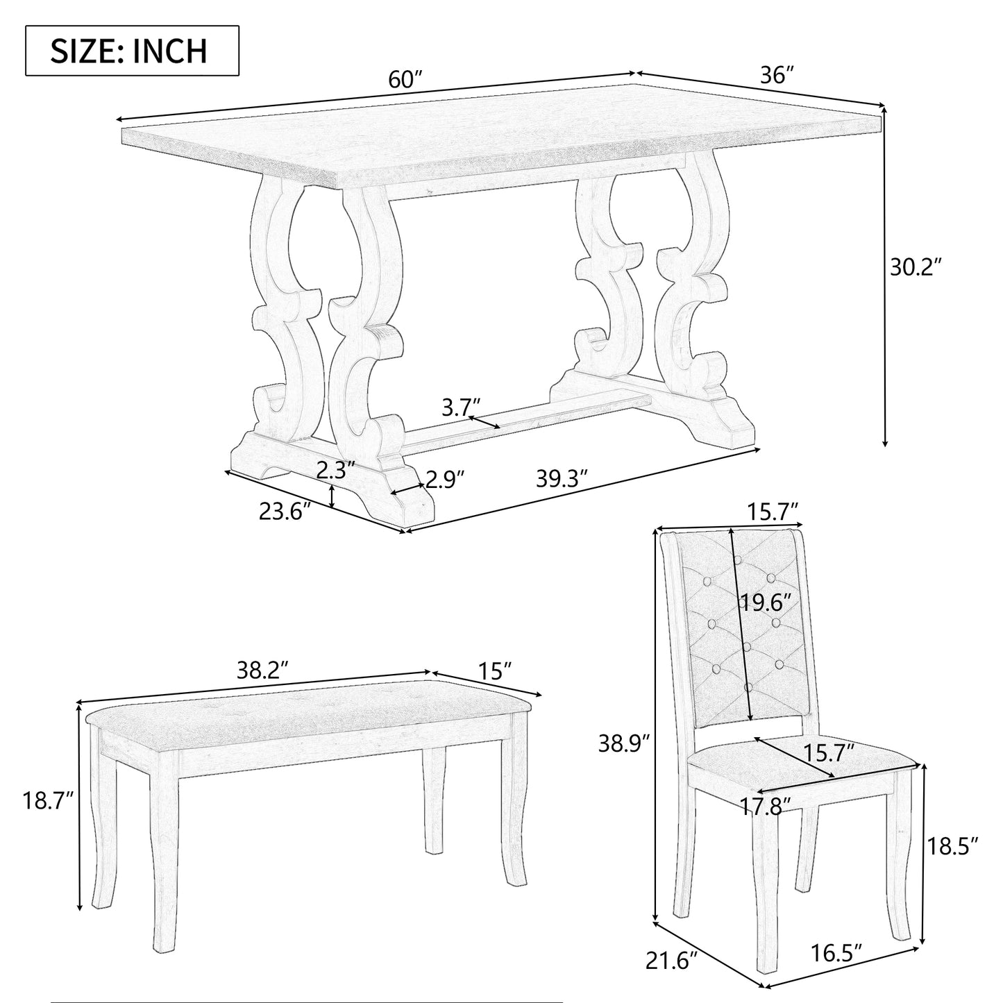 6-teiliges Retro-Essset mit einzigartigen Scroll-Tischbeinen und gepolsterten Sitzen (Grauwäsche)