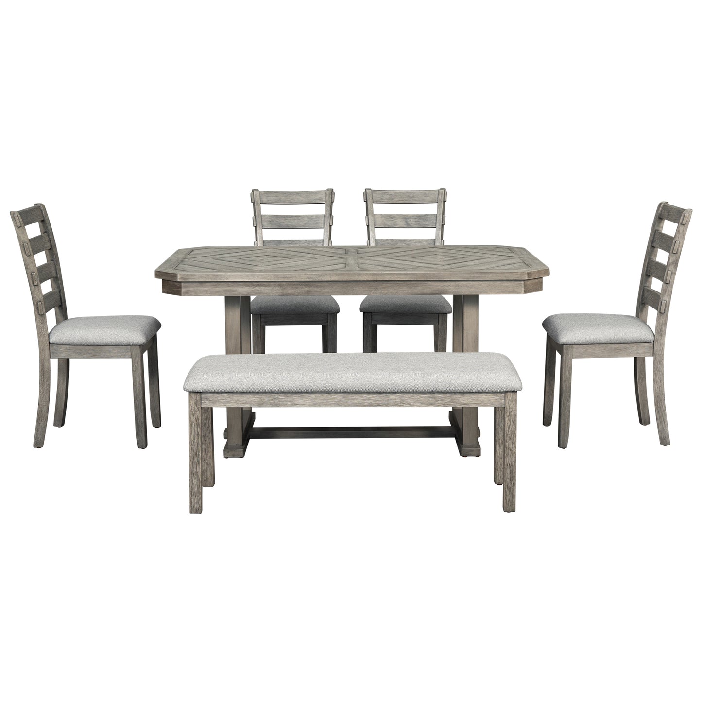 6-teiliges Esstisch-Set mit Chevron-Holzmaserung, gepolsterten Stühlen und Bank (grau)