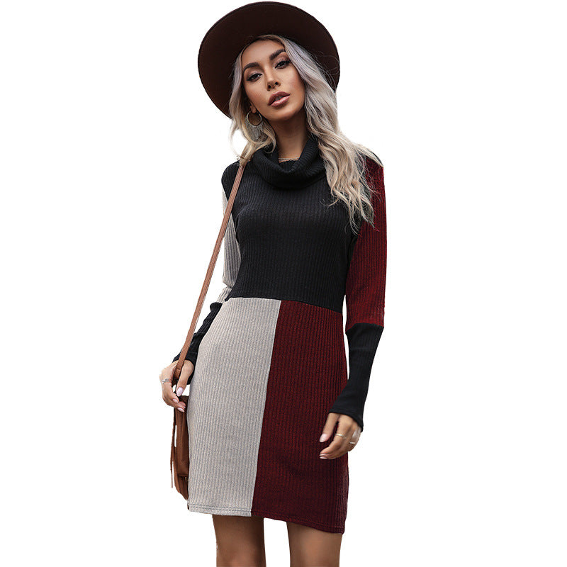 Burgundy Color Block Knitted Dress