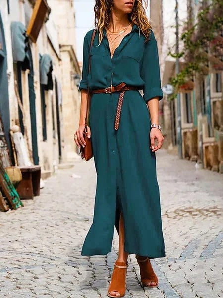 Women's Casual Long Sleeve Button Up Dress