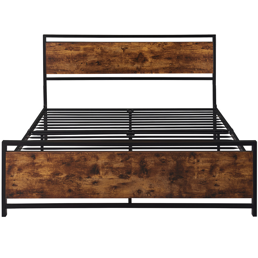 Queen Size Industrial Chic Metal Platform Bed Frame with Wooden Headboard and Footboard