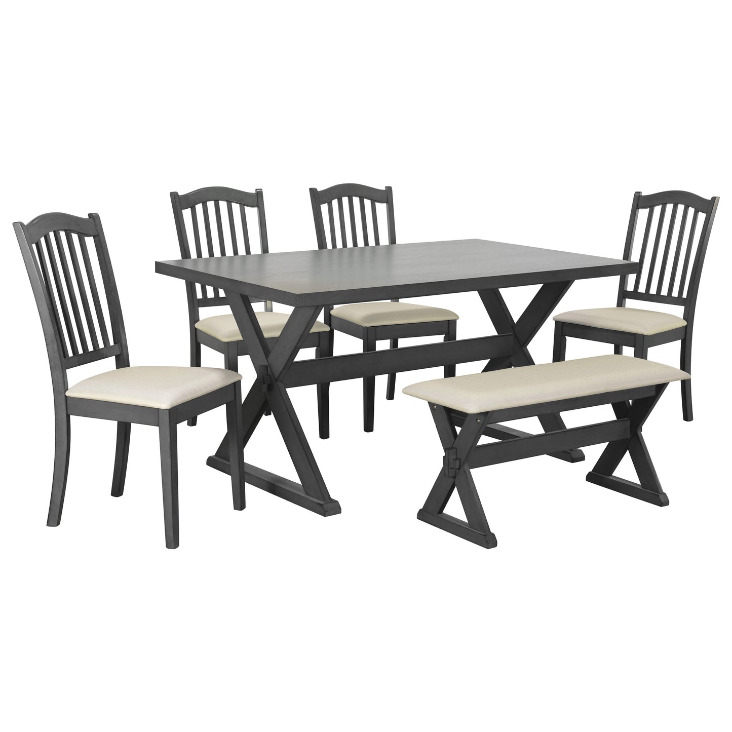 6-Piece Rustic Dining Set, Rectangular X-Frame Table and 4 Upholstered Chairs & Bench  (Gray)