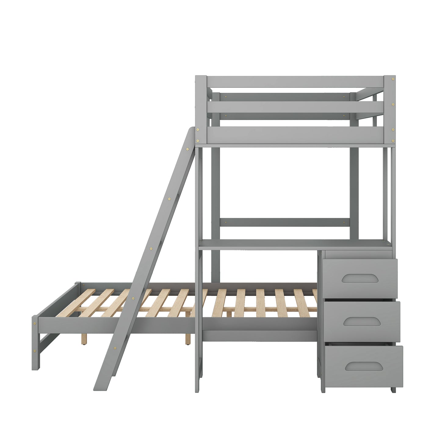 Twin over Full Bunk Bed with Built-in Desk and Three Drawers (Grey)
