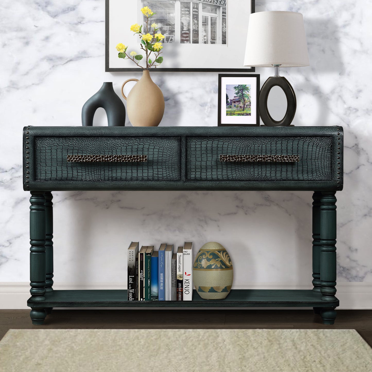 Pine Wood Crocodile Skin Sofa Console Table (2 Power Outlets + 2 USB Ports) Antique Green