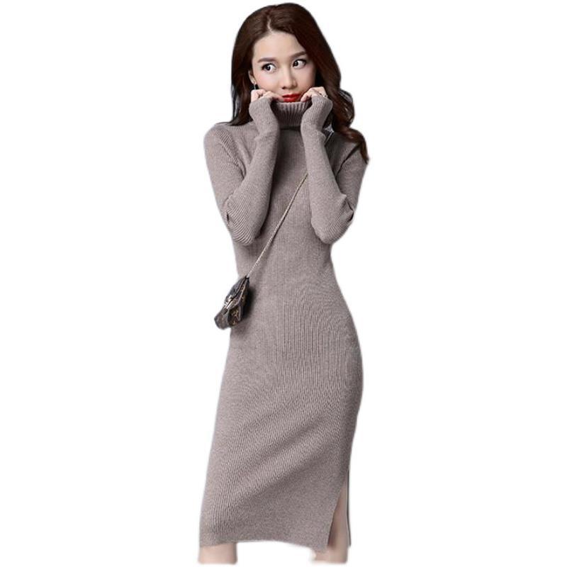 Turtle Neck Sweater Dress with Side Slit