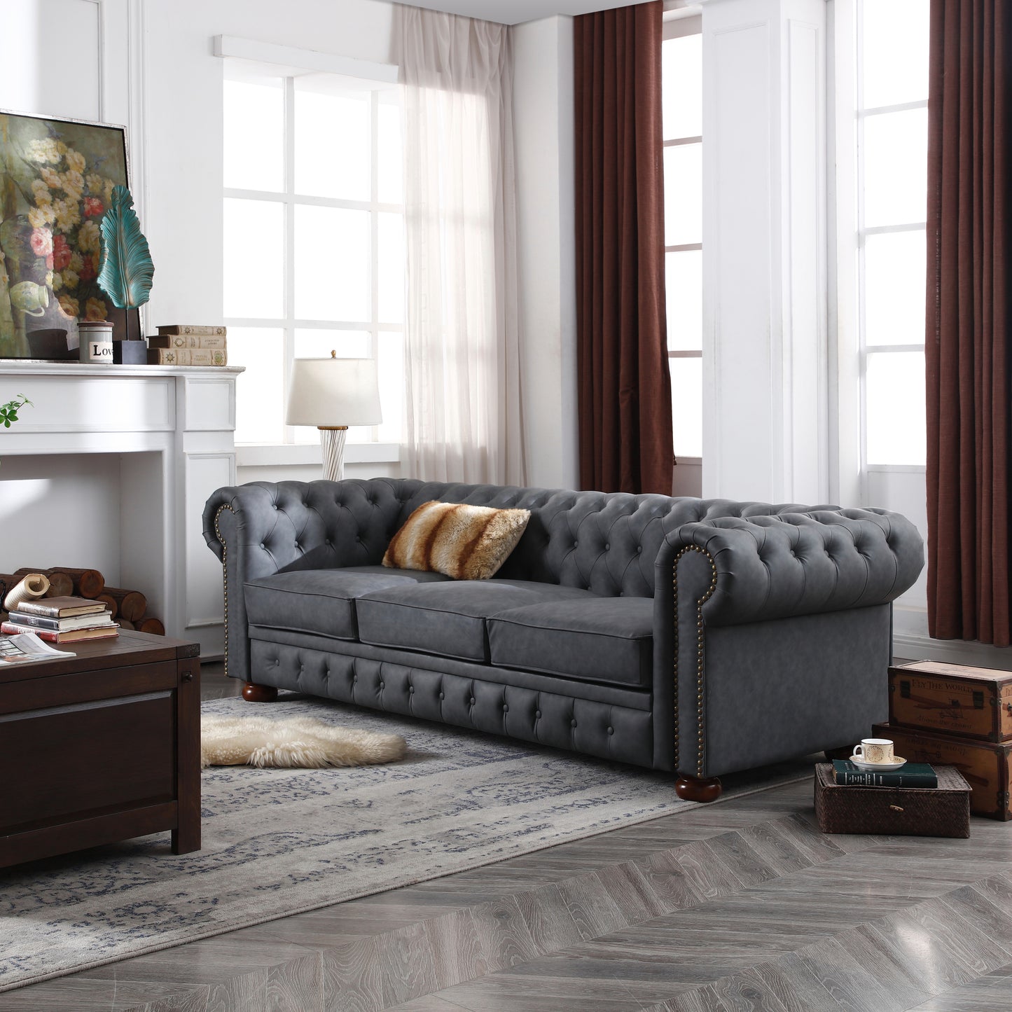 Dark Grey Vegan Leather Tufted Sofa