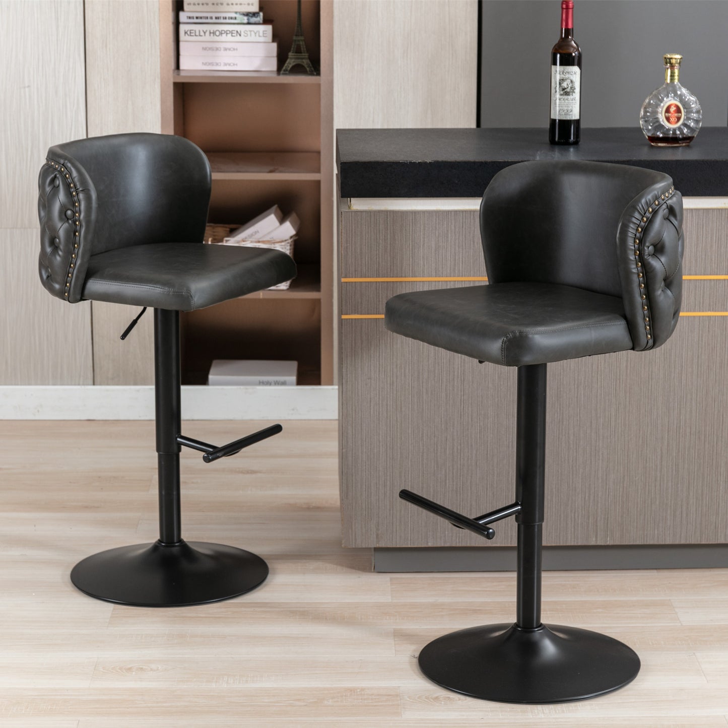 A&A Furniture, Charcoal Grey Vegan Leather Upholstered Swivel Barstools (Set of 2）