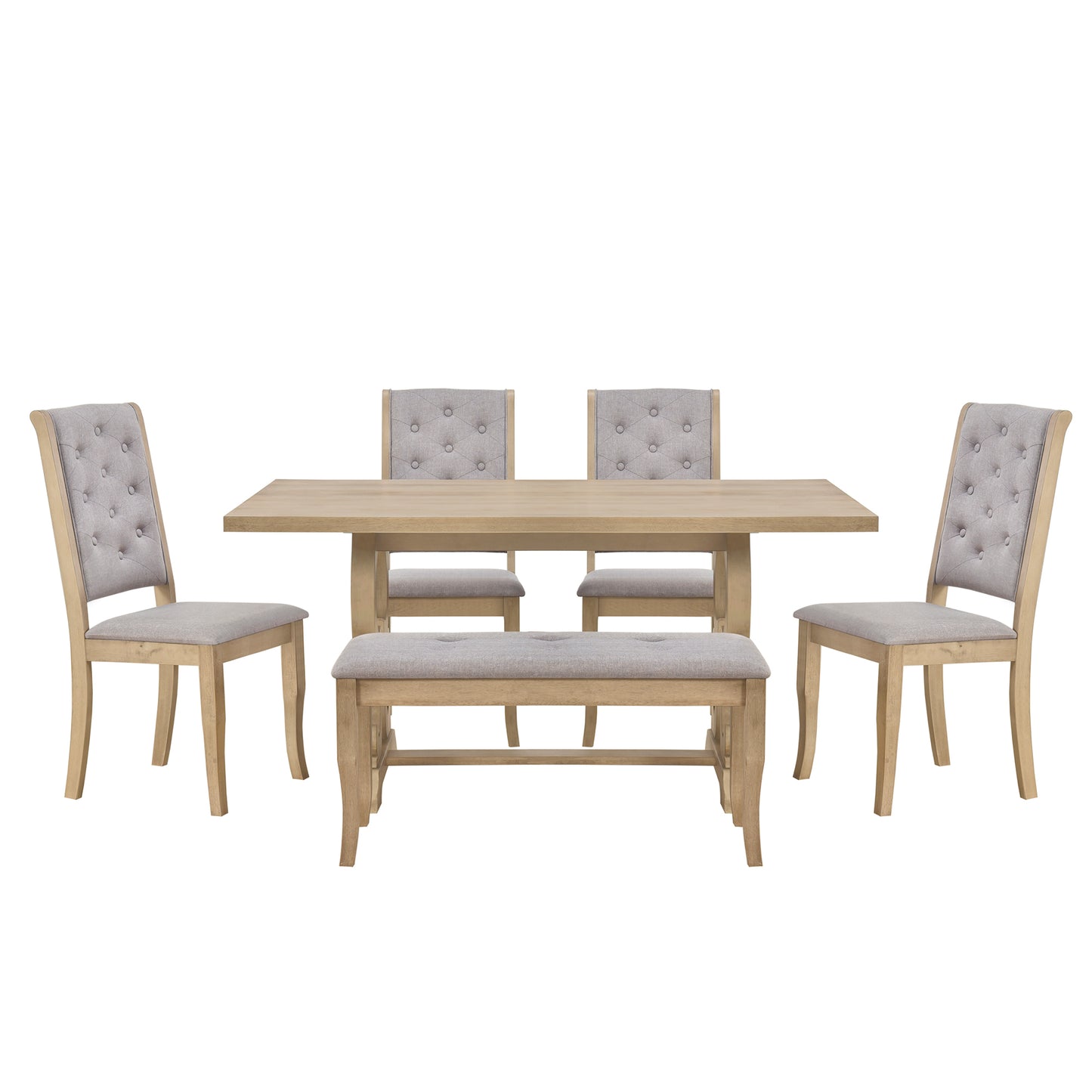 6-Piece Retro Dining Set with Unique Scroll Table Legs and Upholstered Seats  (Grey Wash)