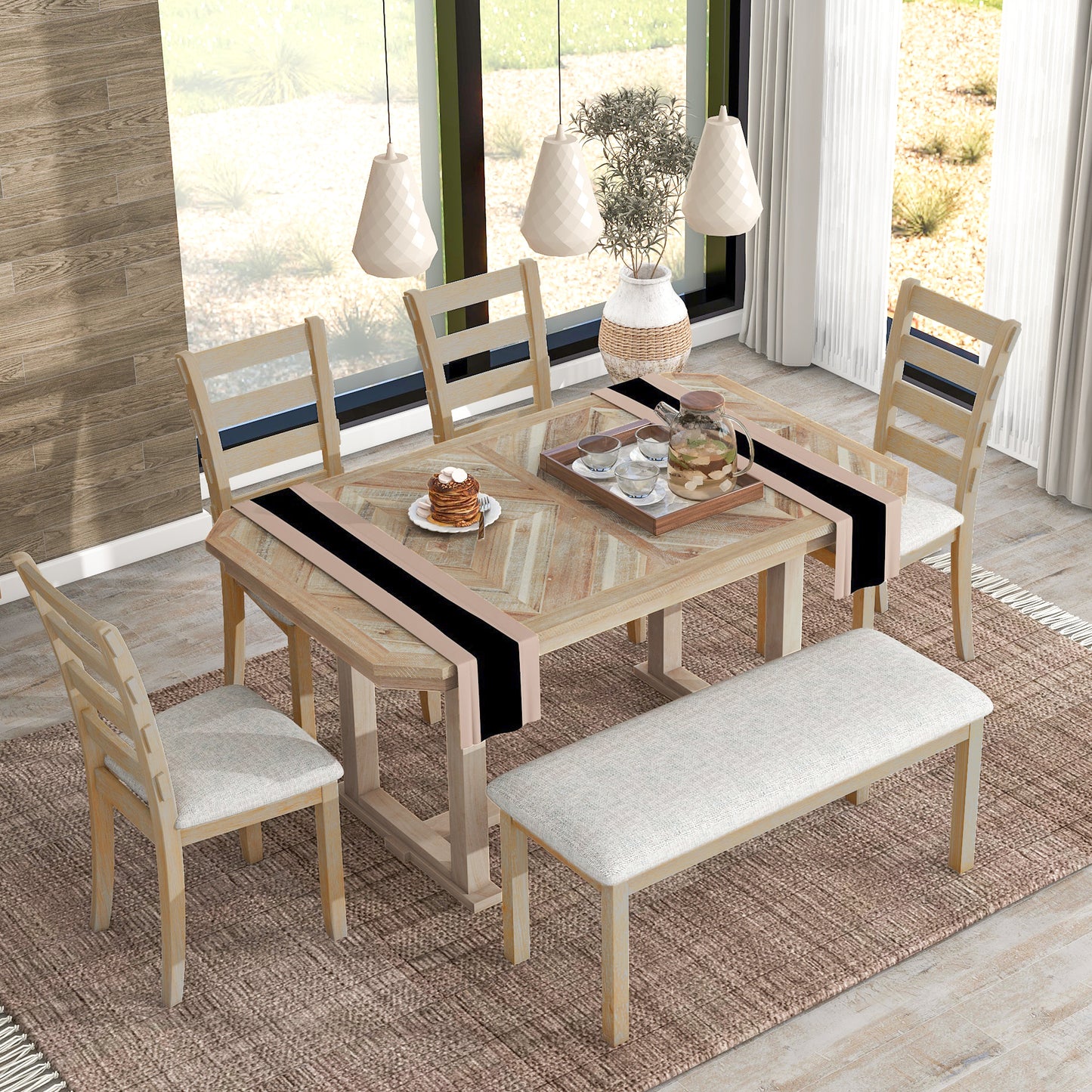 6-Piece Chevron Wood Dining Table Set with Bench