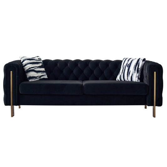 Black Modern Velvet Tufted Sofa with Gold Legs