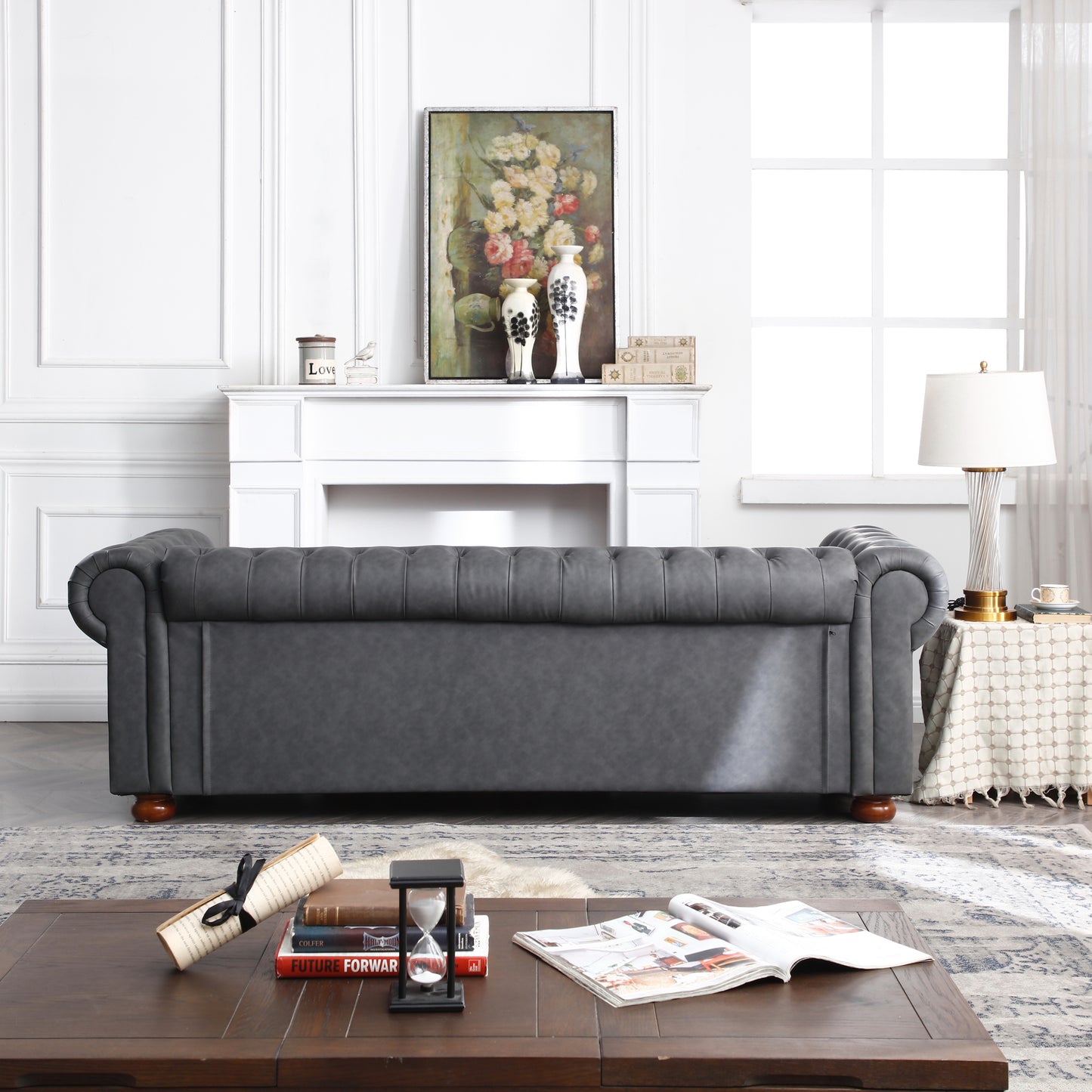Dark Grey Vegan Leather Tufted Sofa