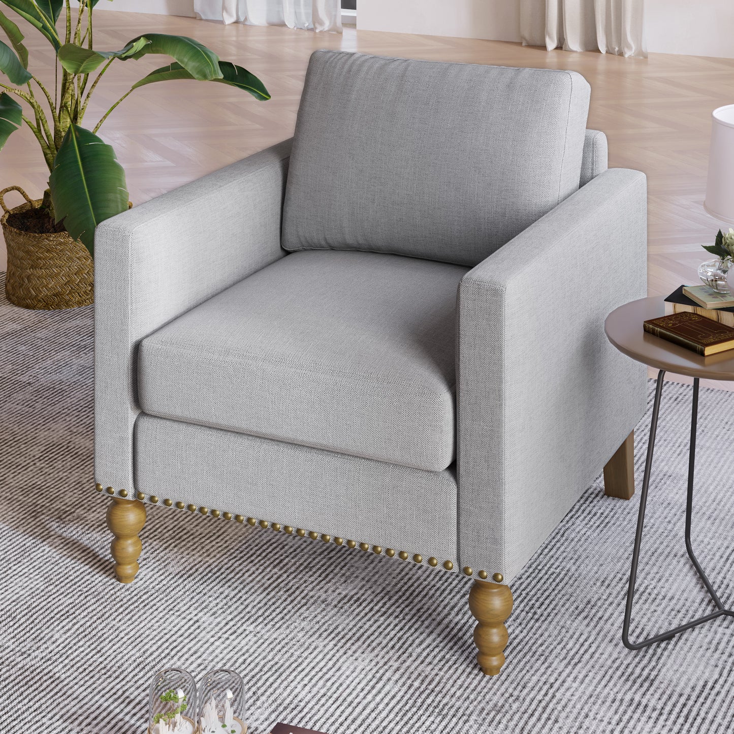 Light Gray Classic Linen Accent Chair