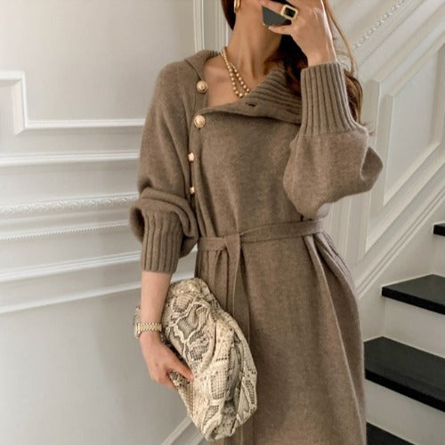 Elegant Turtle Neck Knit Dress With Gold Button-Up Detail