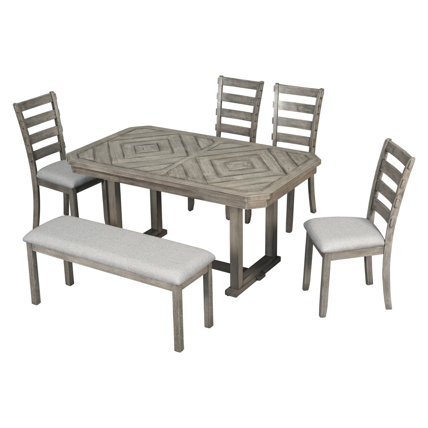 6-teiliges Esstisch-Set mit Chevron-Holzmaserung, gepolsterten Stühlen und Bank (grau)