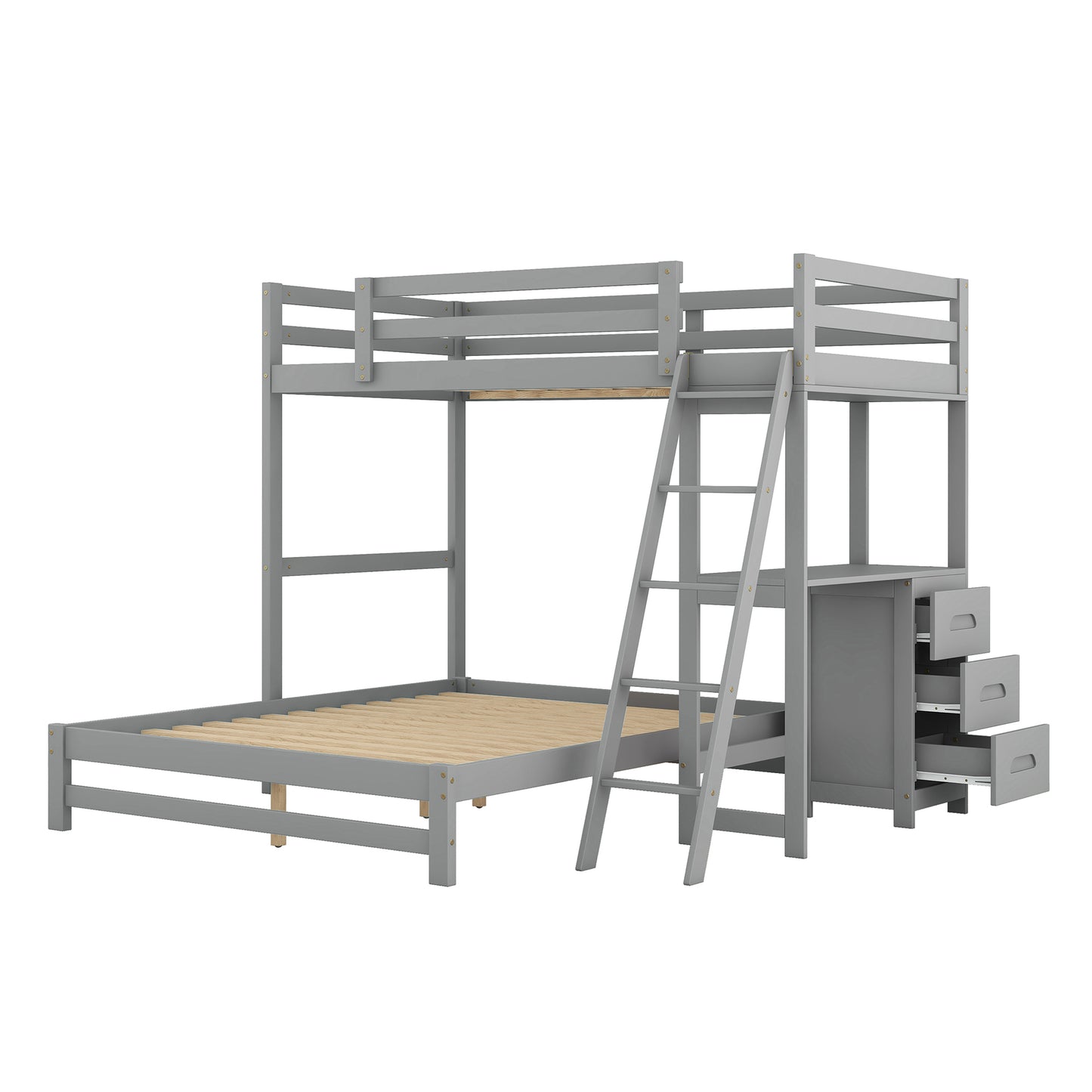 Twin over Full Bunk Bed with Built-in Desk and Three Drawers (Grey)