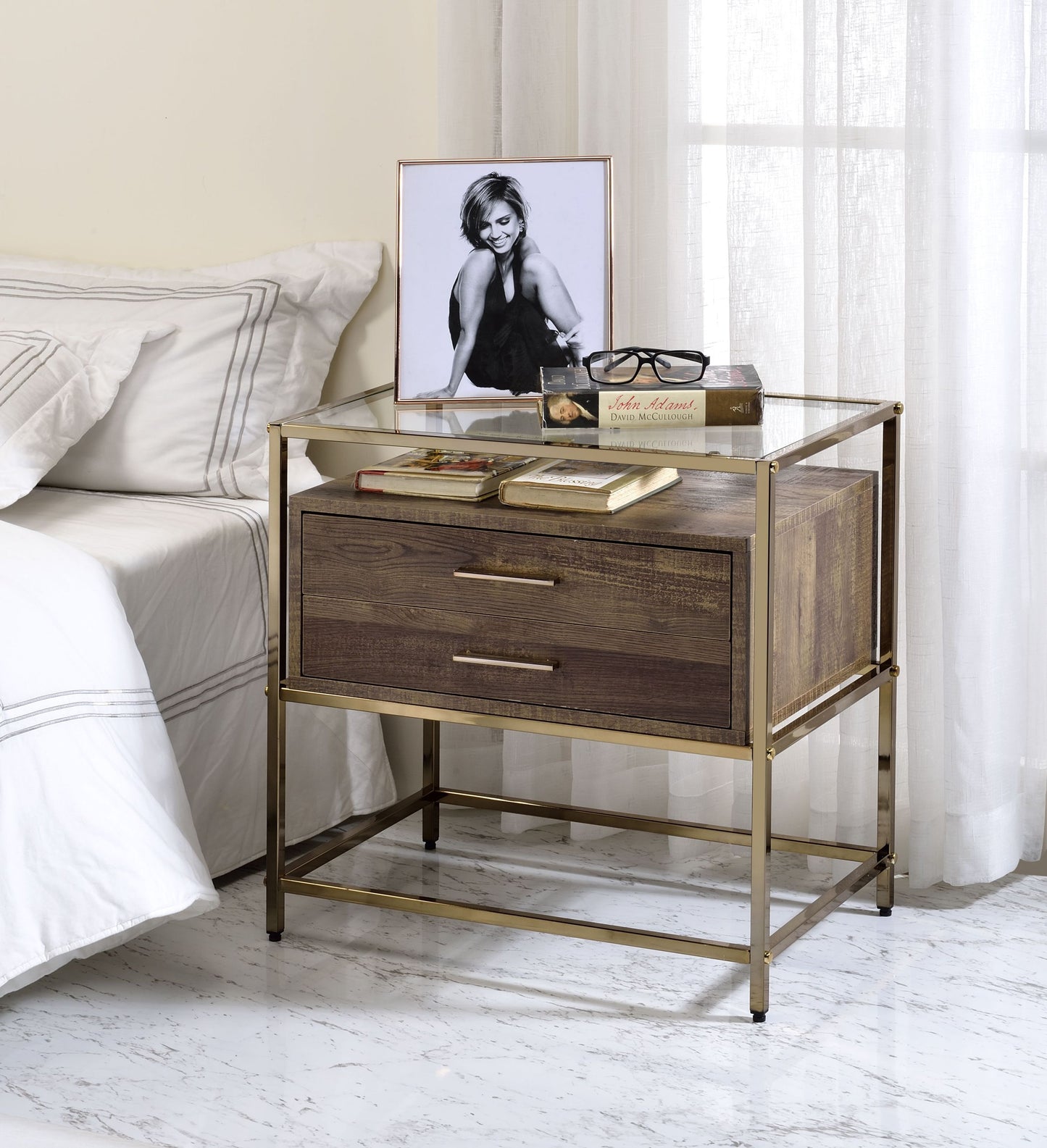 ACME Knave Accent Table, Walnut & Champagne Finish
