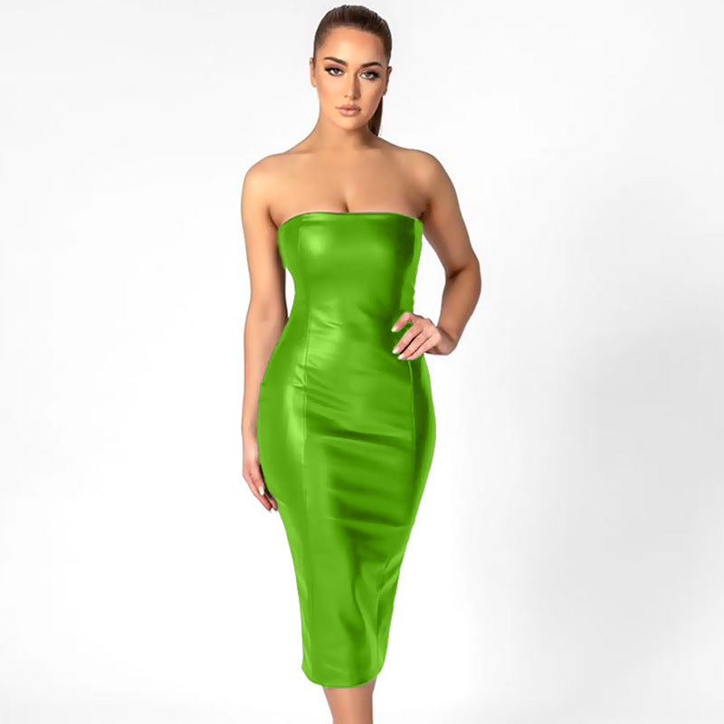 Strapless PU Leather Dress Rear Slit