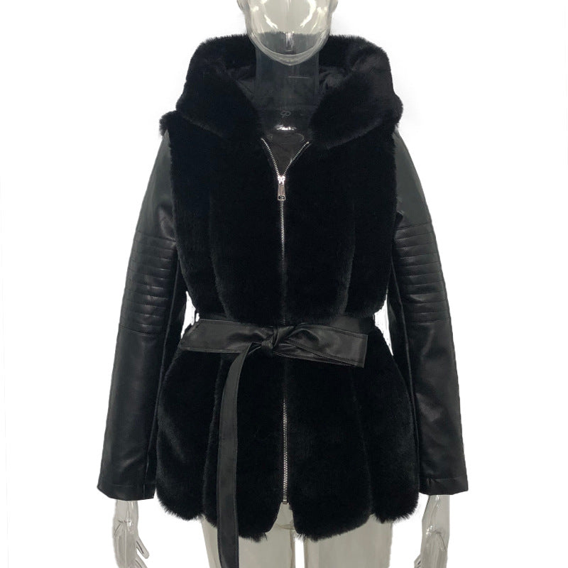Fur Vested PU Leather Long Sleeve Jacket