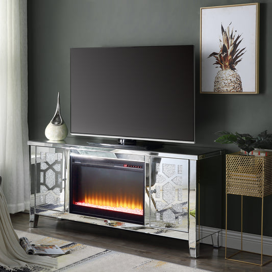 GLAM MIRRORED TV STAND W/FIREPLACE