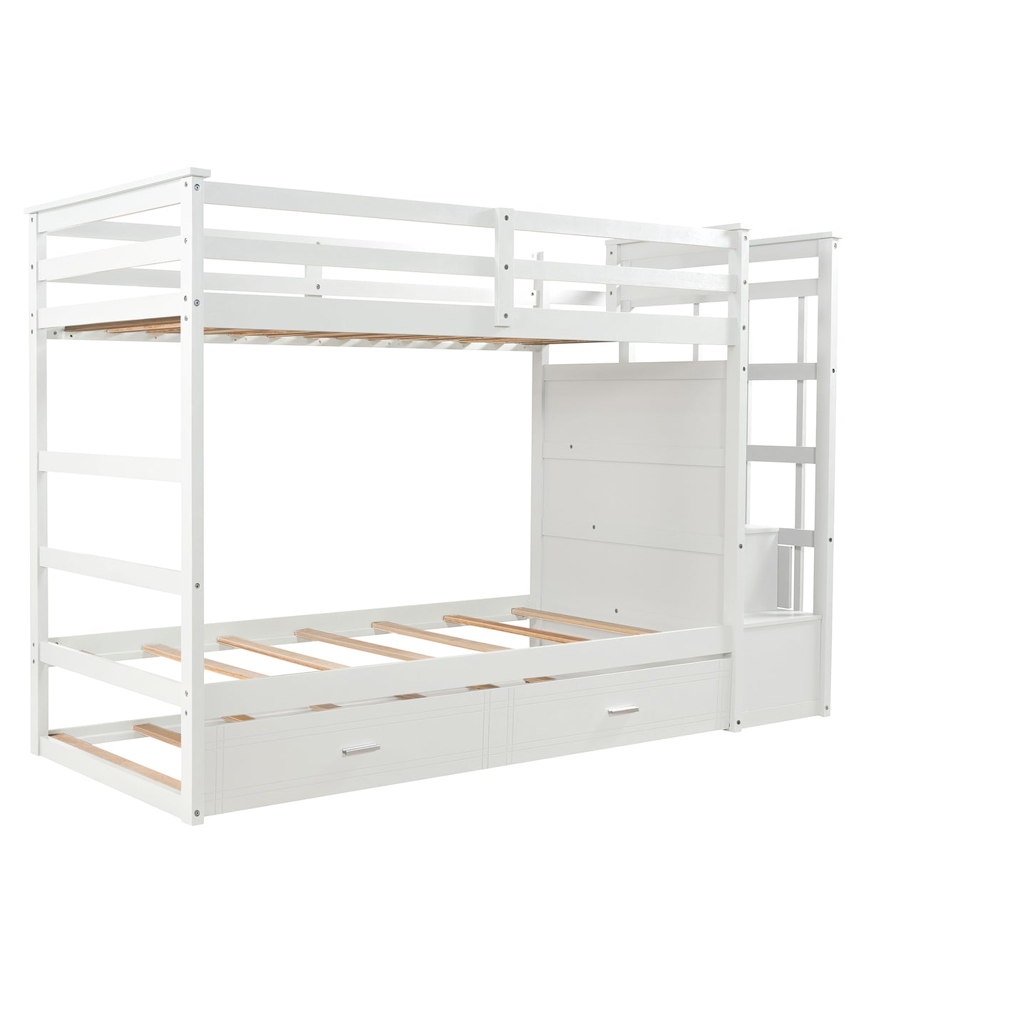 Solid Wood Twin Over Twin Bunk Bed with Trundle, Storage, and Staircase