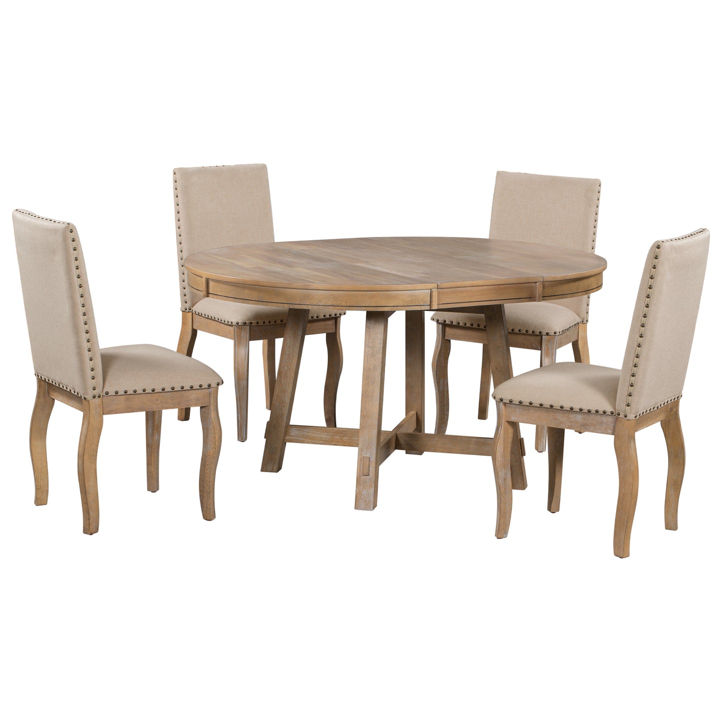5-Piece Round Wood Extendable Dining Table and 4 Upholstered Dining Chairs